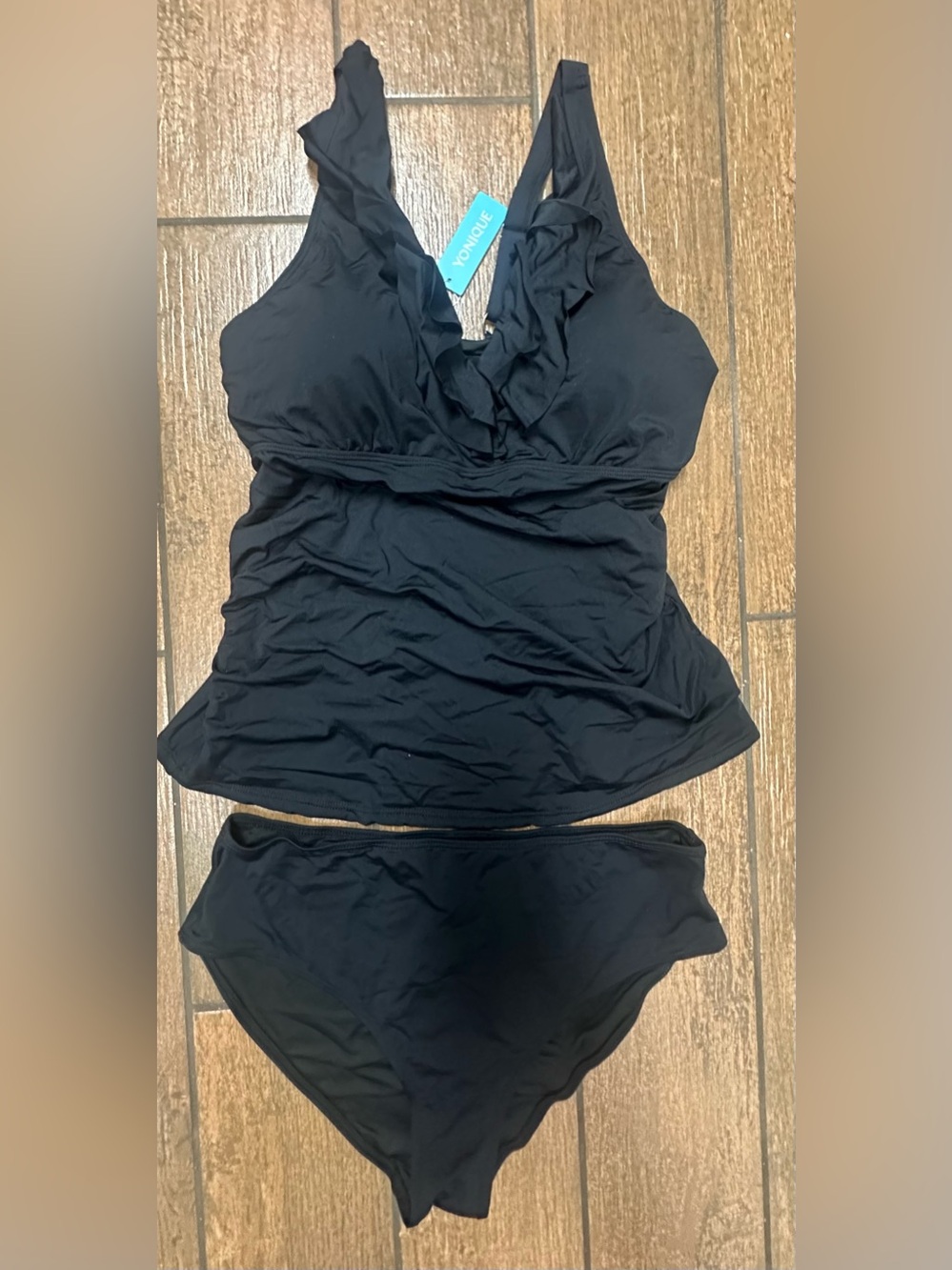 Younique Black Ruffle V-Neck Tankini with Matching Bikini Bottom